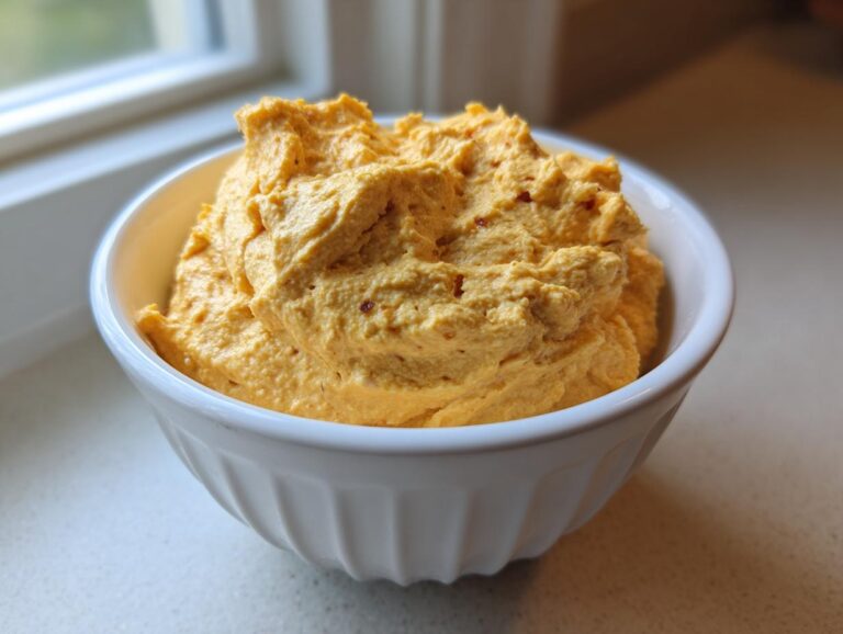 A close-up of thick, orange beer cheese dip mounded high in a white, fluted bowl.