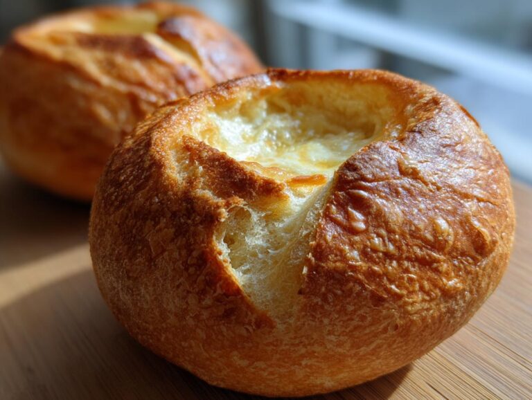 Close-up of a freshly baked bread bowl with a deep golden, crusty top, ready for filling.