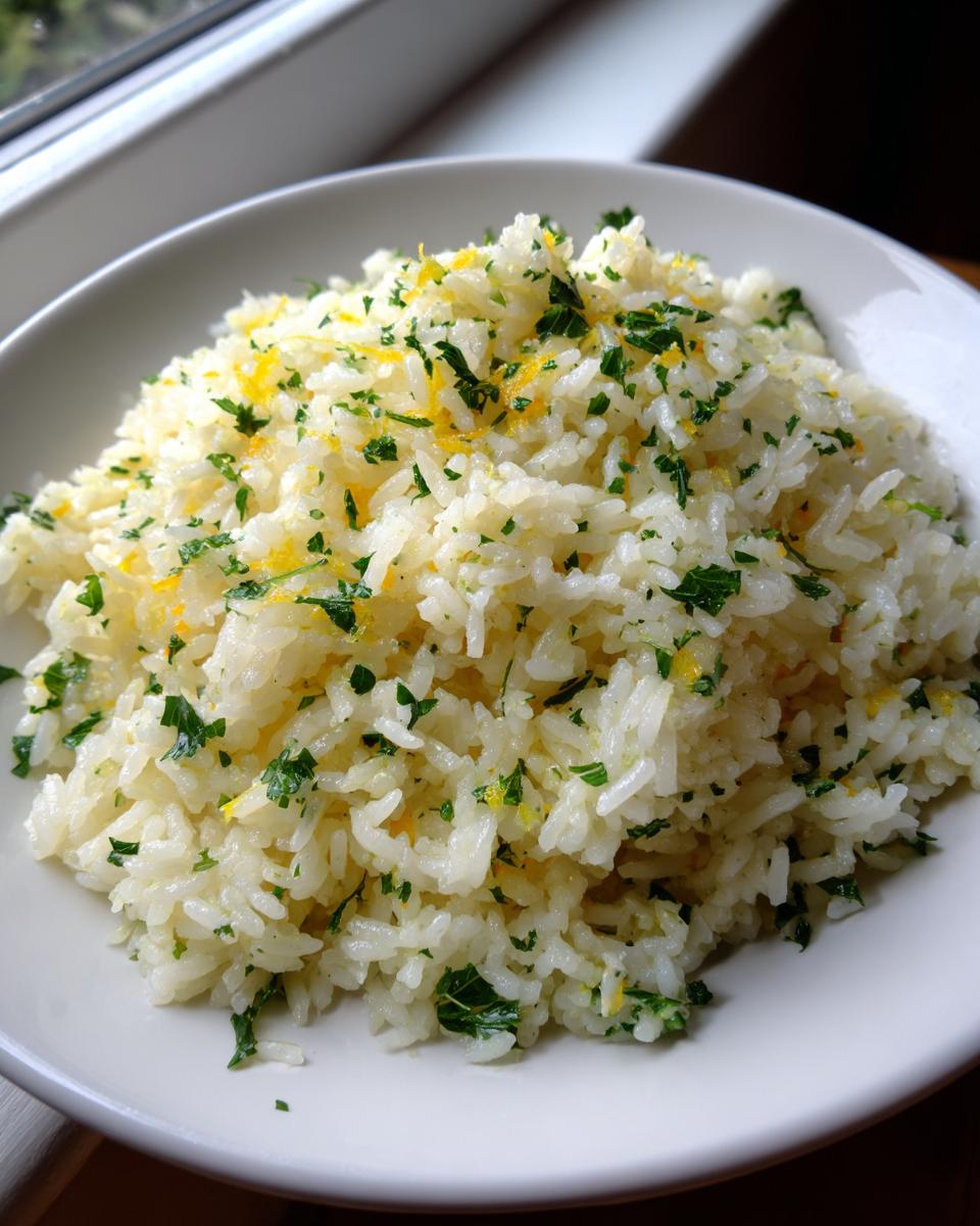 A close-up of fluffy butter rice topped with fresh chopped parsley and bright yellow lemon zest.