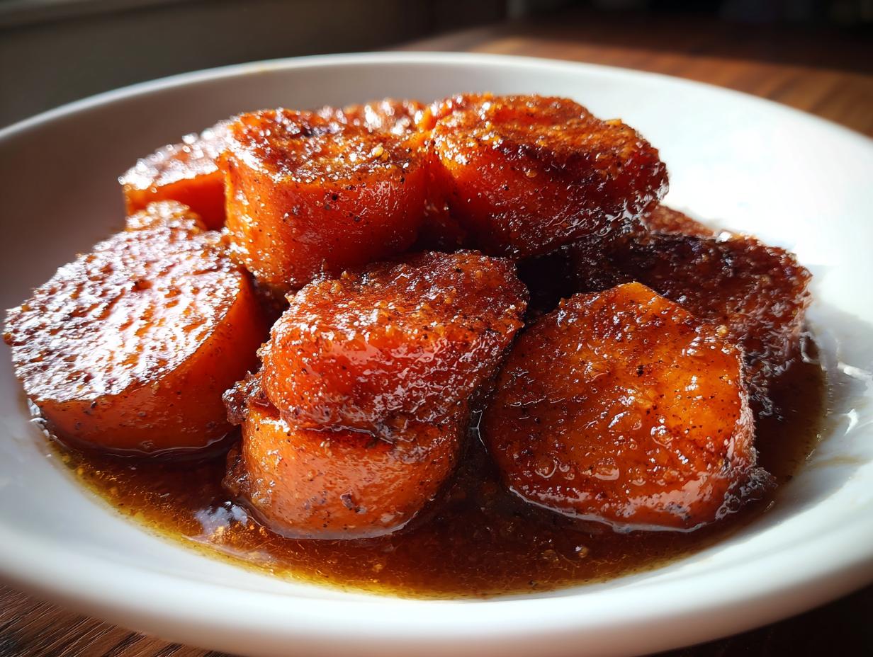 Close-up of thick-cut candied yams glistening with a rich, dark brown glaze served in a white bowl.