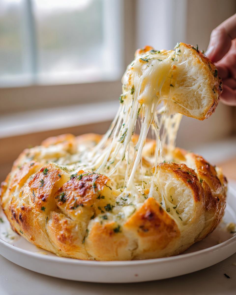 A hand pulling a piece from a baked, round cheese bread loaf, showing long, melted cheese strings.