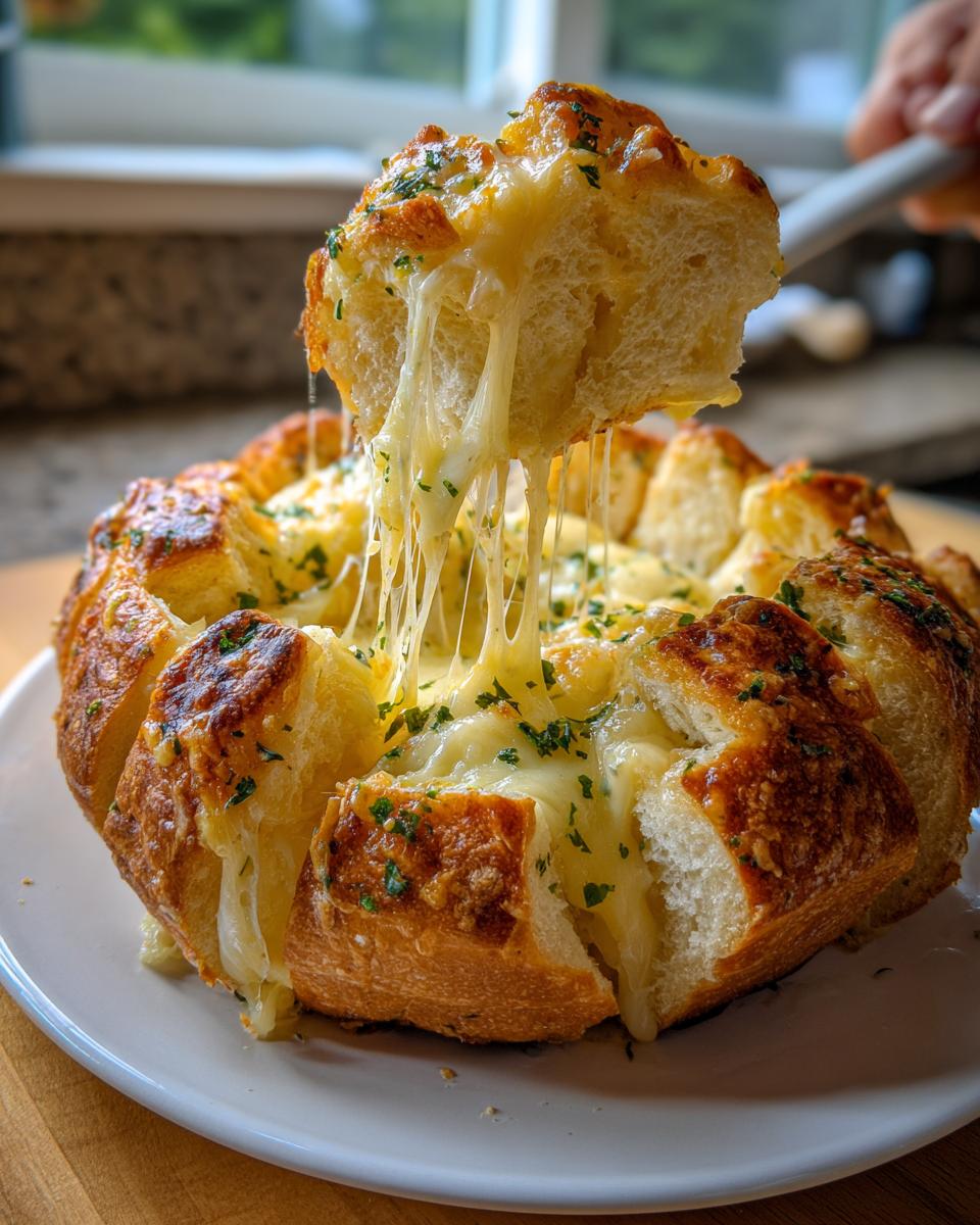 A piece of baked cheese bread is lifted, showing dramatic, long cheese pulls from the cheesy center.