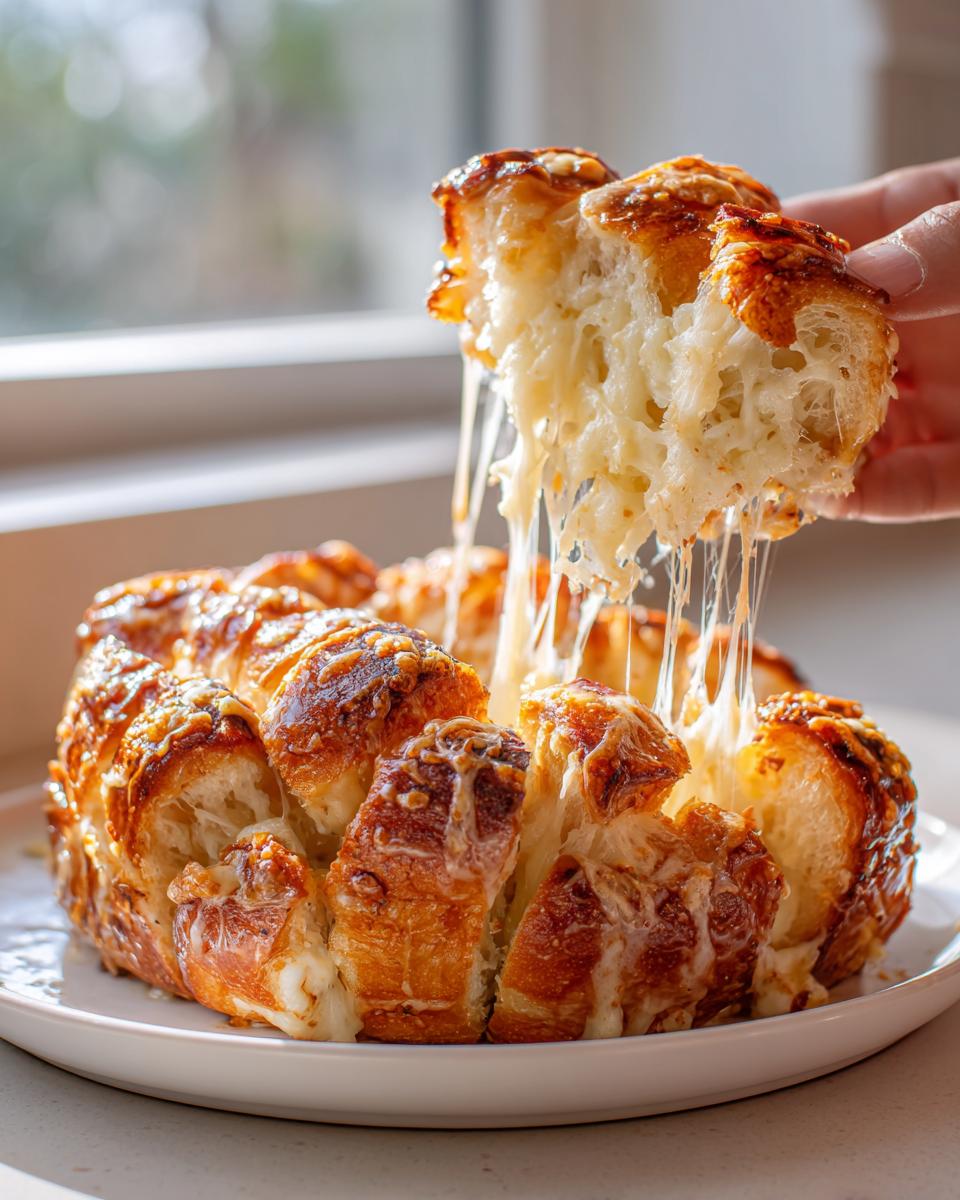A hand pulling a piece from a baked cheese bread loaf, showing long, dramatic cheese pulls.