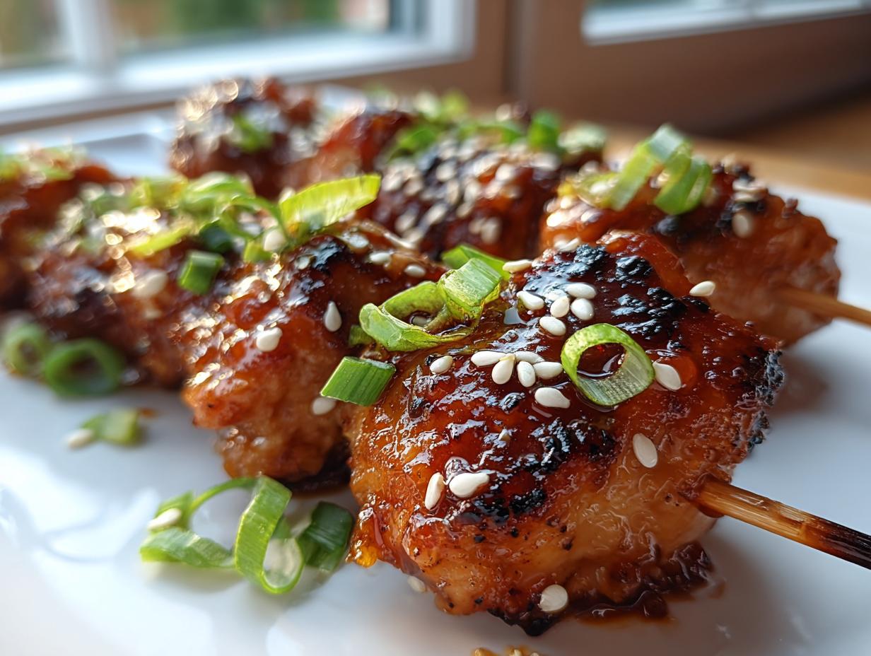 Close-up of glossy, glazed chicken skewers topped with white sesame seeds and fresh green scallions.