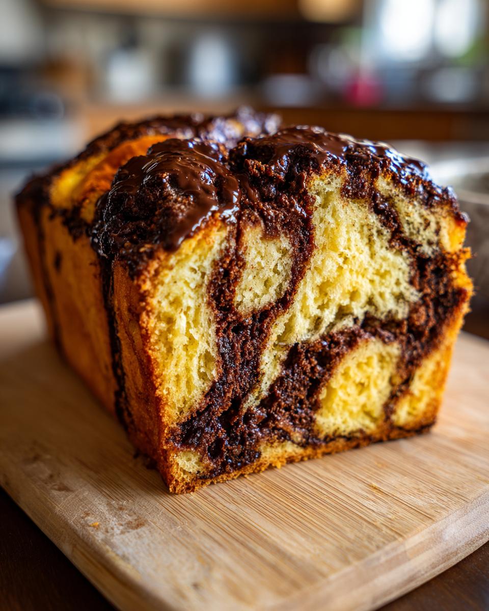 A close-up view of a freshly baked chocolate babka loaf showing the rich chocolate swirls and shiny glaze.
