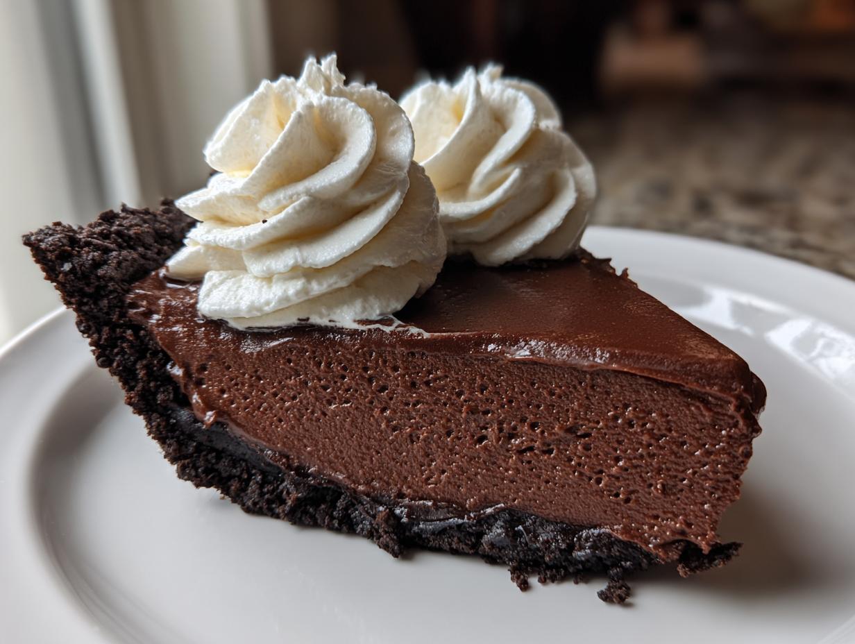 A close-up of a rich slice of chocolate mousse pie with a dark crust, topped with two swirls of whipped cream.