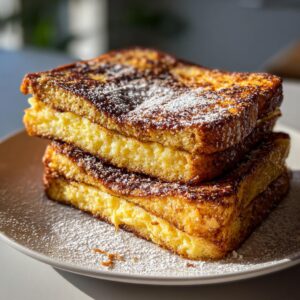 A close-up stack of thick, golden brown french toast dusted generously with powdered sugar.