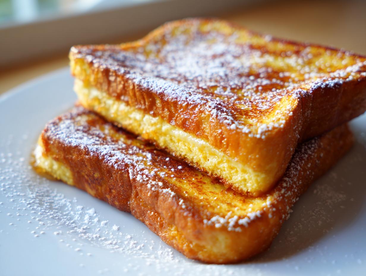 Two thick slices of golden brown french toast stacked on a white plate and dusted heavily with powdered sugar.