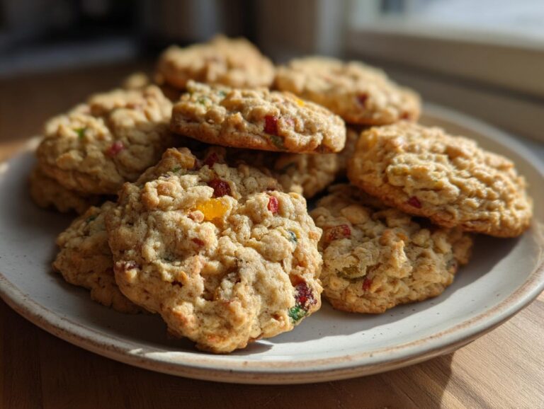 A close-up stack of golden brown fruitcake cookies studded with colorful candied fruit, sitting on a light-colored plate.