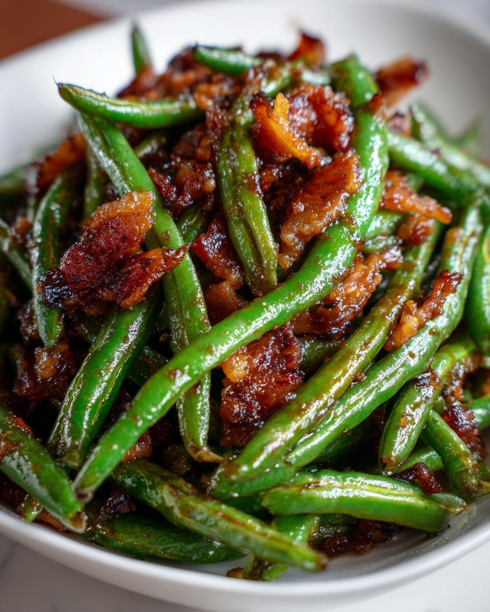 Close-up of vibrant green beans tossed with crispy, caramelized bacon pieces in a white bowl.