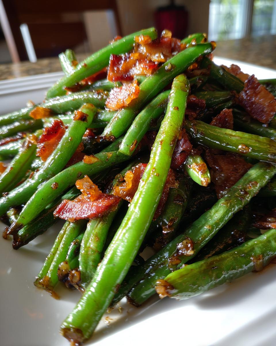 A close-up shot of bright green beans tossed with crispy bacon pieces on a white plate.