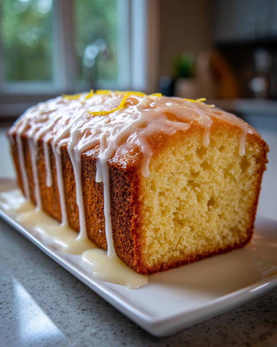 A golden brown lemon pound cake, sliced to show the crumb, topped with thick white glaze and lemon zest.