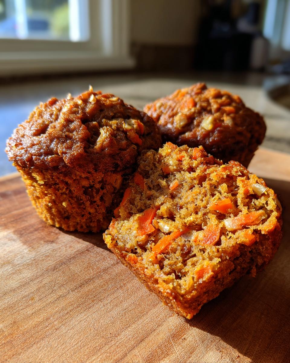 Close-up of two morning glory muffins, one cut in half showing shredded carrots and texture.