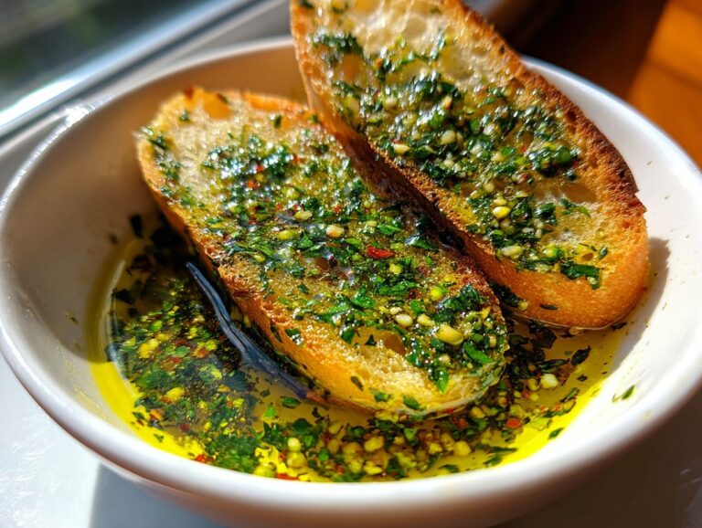 Two slices of toasted bread soaking in a vibrant olive oil bread dip seasoned with herbs and garlic.