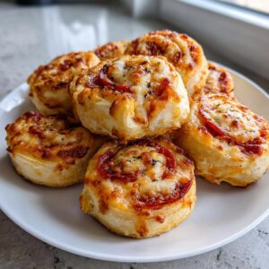 A stack of freshly baked, golden brown pizza pinwheels topped with melted cheese and pepperoni.