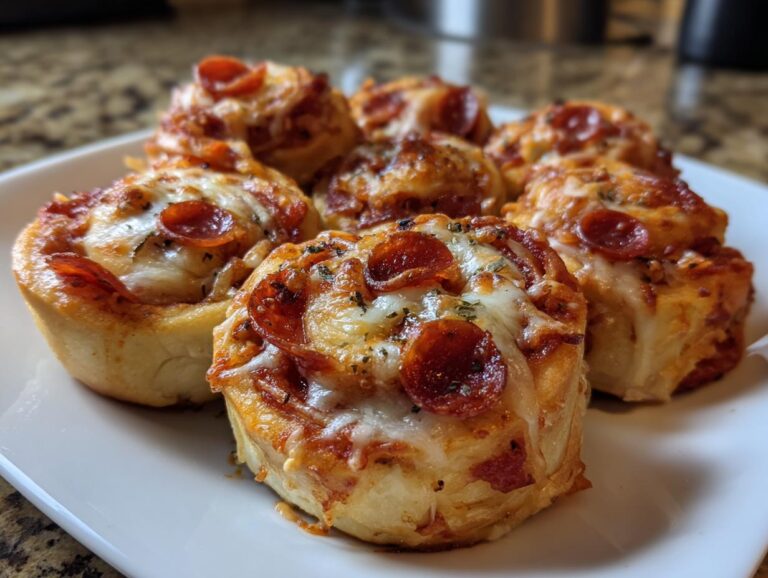 A close-up of six golden brown pizza pinwheels topped with melted cheese and pepperoni slices.