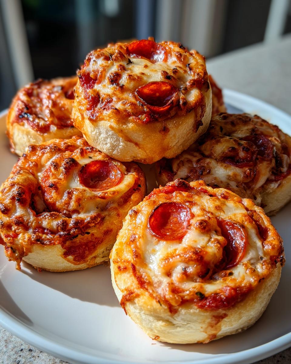 Close-up of several golden brown pizza pinwheels topped with melted cheese and pepperoni slices, stacked on a white plate.