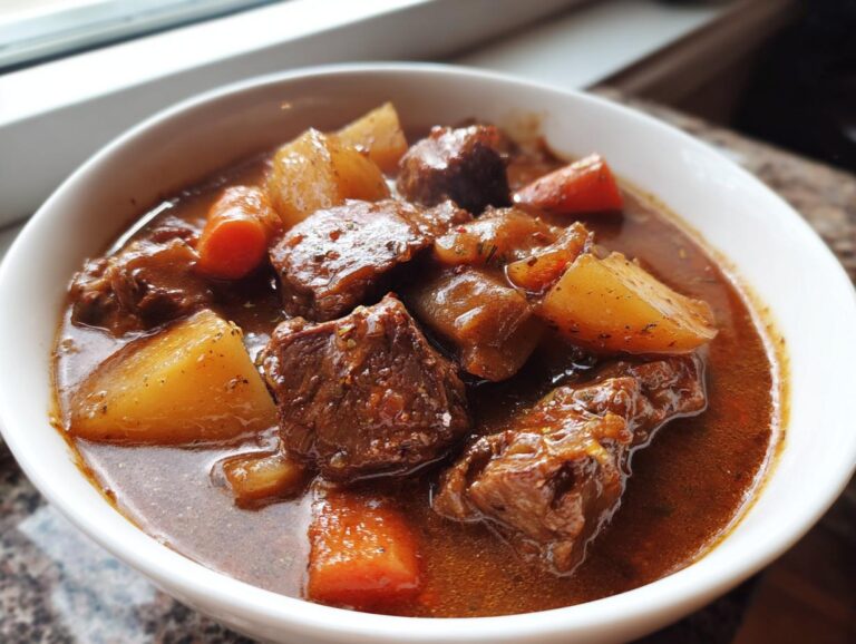 Close-up of a white bowl filled with rich, dark brown pork stew chunks and large pieces of potato and carrot.
