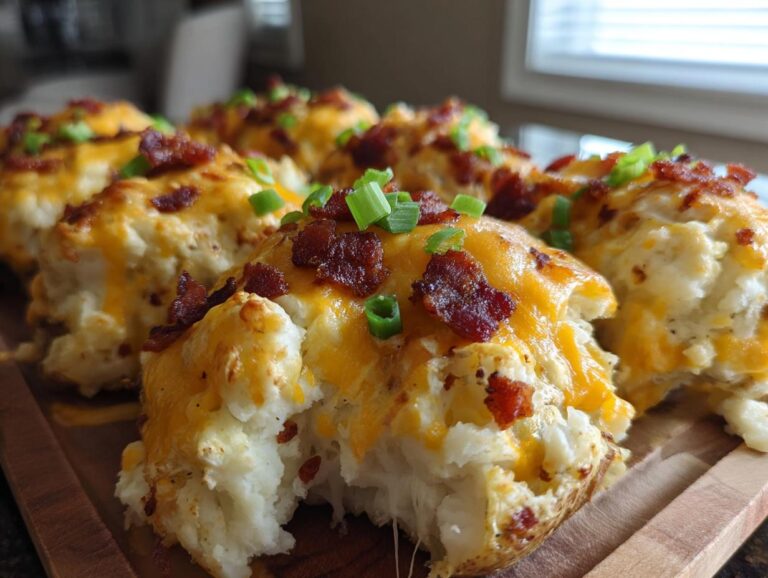 Close-up of several baked potato casserole portions topped with melted cheddar cheese, bacon bits, and green onions.