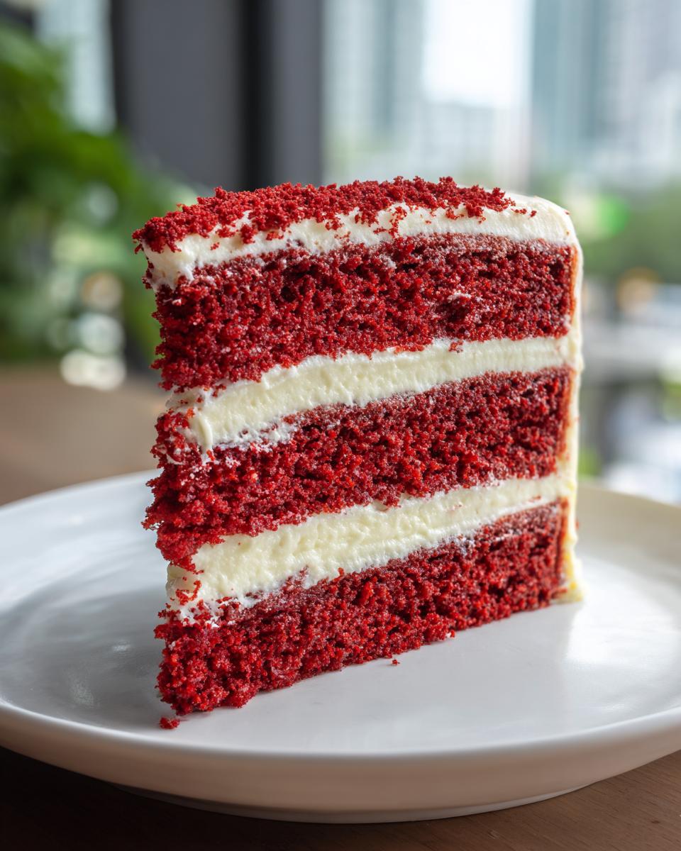 A tall slice of red velvet cake showing three layers of deep red cake separated by thick white cream cheese frosting.