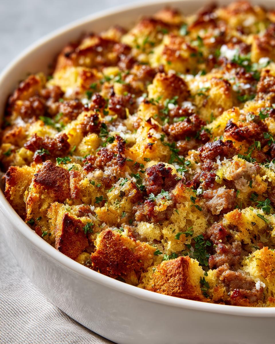 Close-up of baked sausage stuffing with crispy bread cubes and browned sausage crumbles, garnished with parsley.