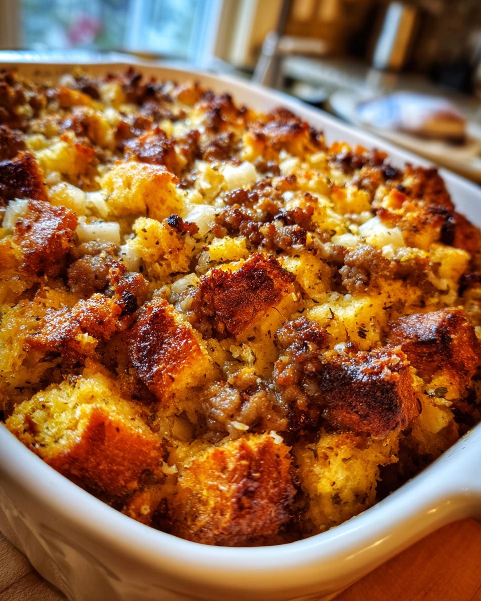 Close-up of baked sausage stuffing with crispy bread cubes and browned sausage crumbles in a white casserole dish.