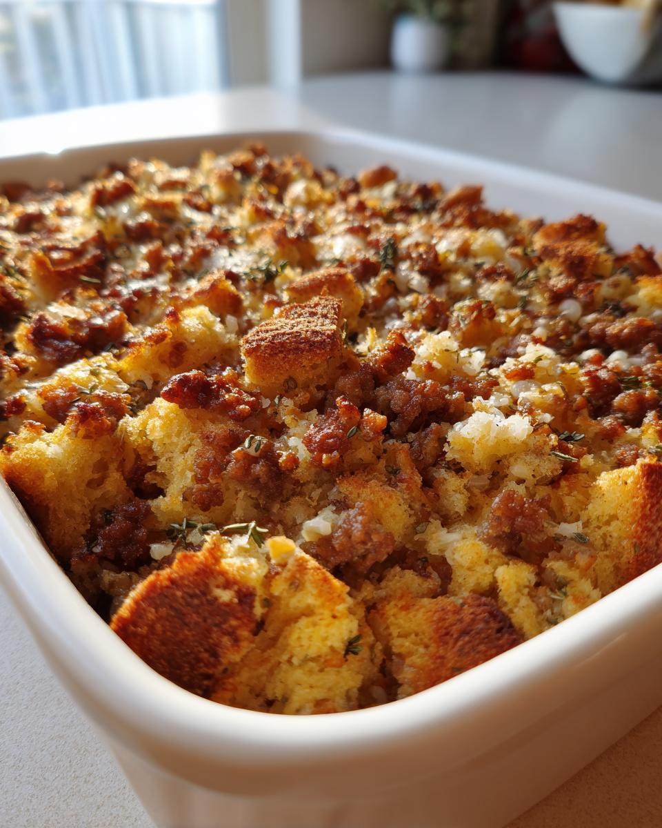 Close-up of baked sausage stuffing with crispy bread cubes and herbs in a white baking dish.
