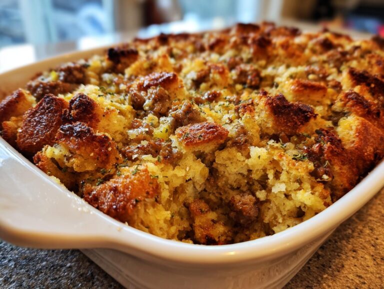 Close-up of baked sausage stuffing with crispy, browned bread cubes and visible pieces of sausage in a white baking dish.