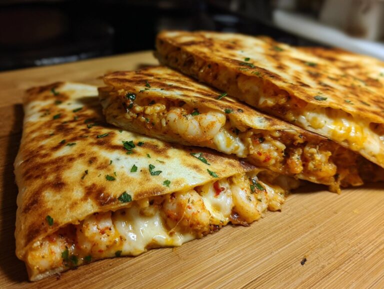 Close-up of three stacked shrimp quesadilla wedges showing melted cheese and seasoned shrimp filling.