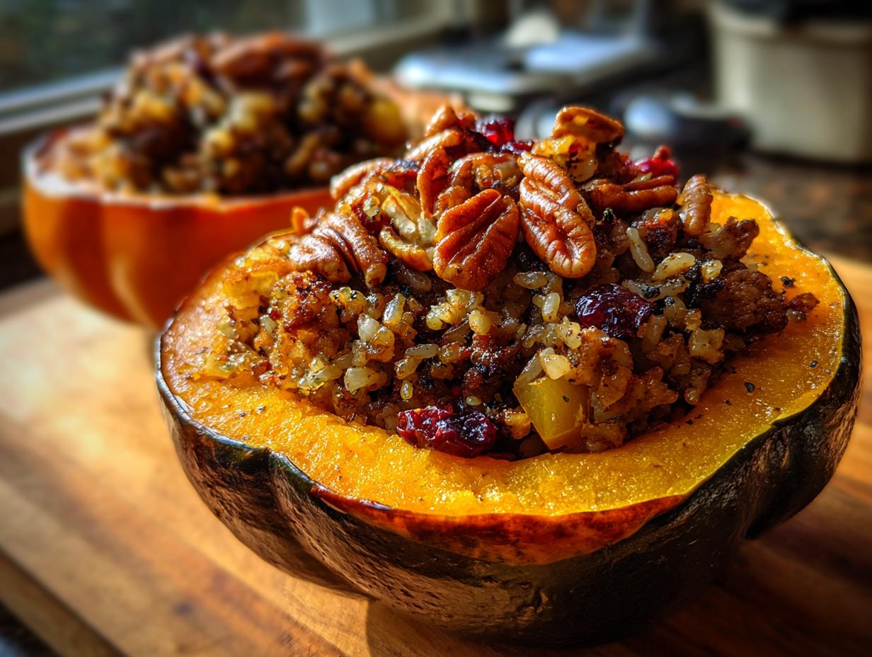 A close-up of a halved, roasted stuffed acorn squash overflowing with a savory rice stuffing topped with pecans and dried cranberries.