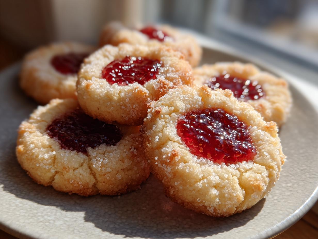 A close-up of several buttery thumbprint cookies rolled in sugar and filled with bright red jam.