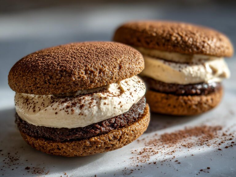 Two delicious tiramisu cookies filled with cream and dusted with cocoa powder.