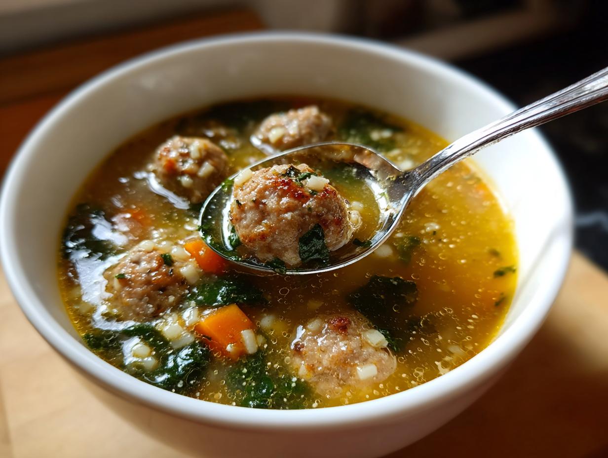 A spoonful of amazing wedding soup featuring a small meatball, pasta, and greens lifted from a white bowl.