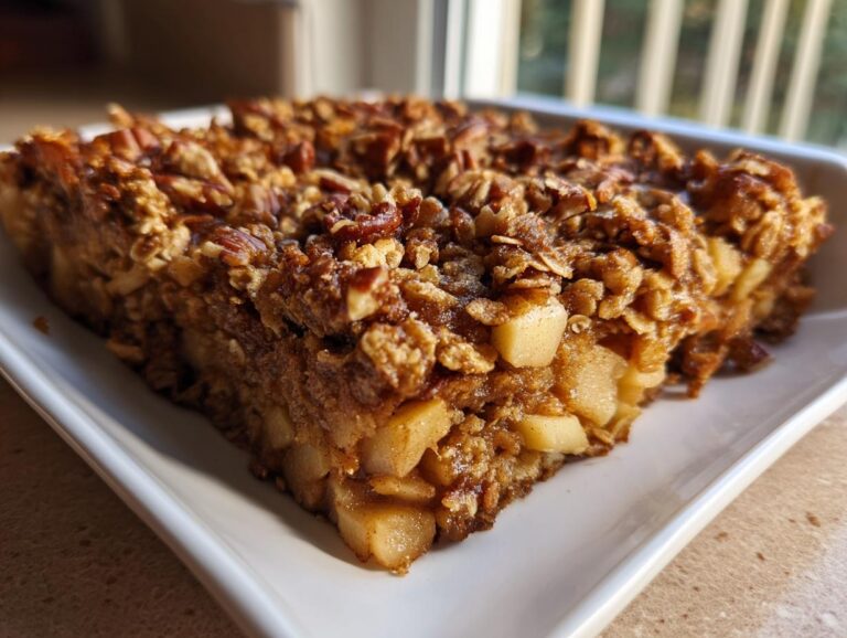 A close-up view of a thick slice of apple baked oatmeal square topped with a crunchy pecan and oat crumble.