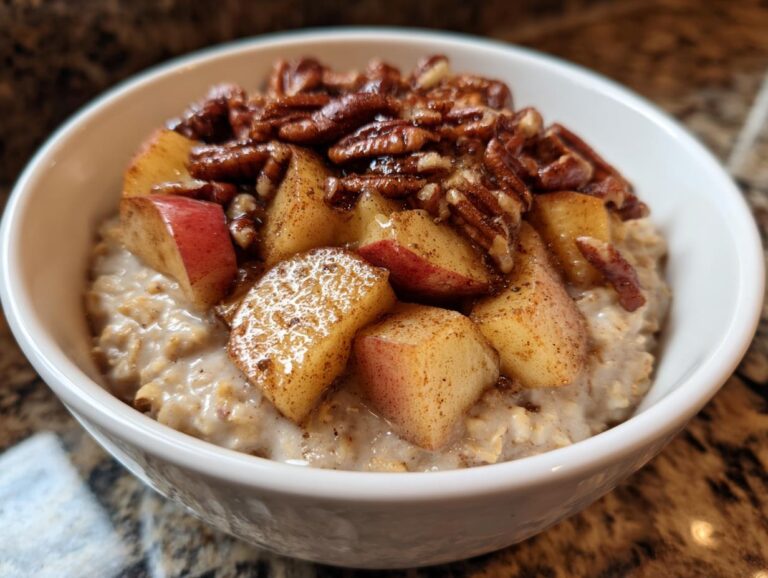 Close-up of a white bowl filled with creamy apple cinnamon oatmeal topped with spiced apple chunks and toasted pecans.