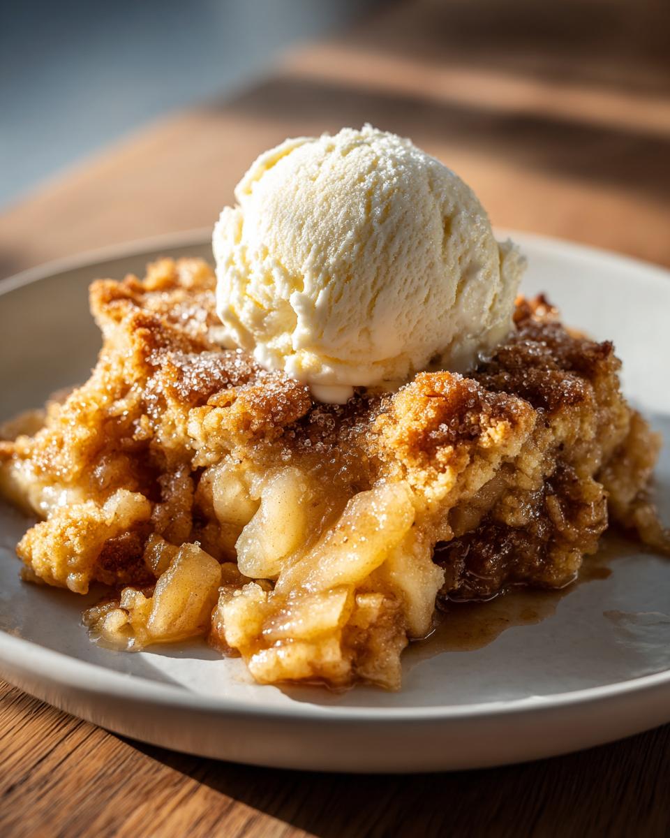 A warm serving of apple cobbler recipe topped with a scoop of vanilla ice cream and sprinkled sugar.
