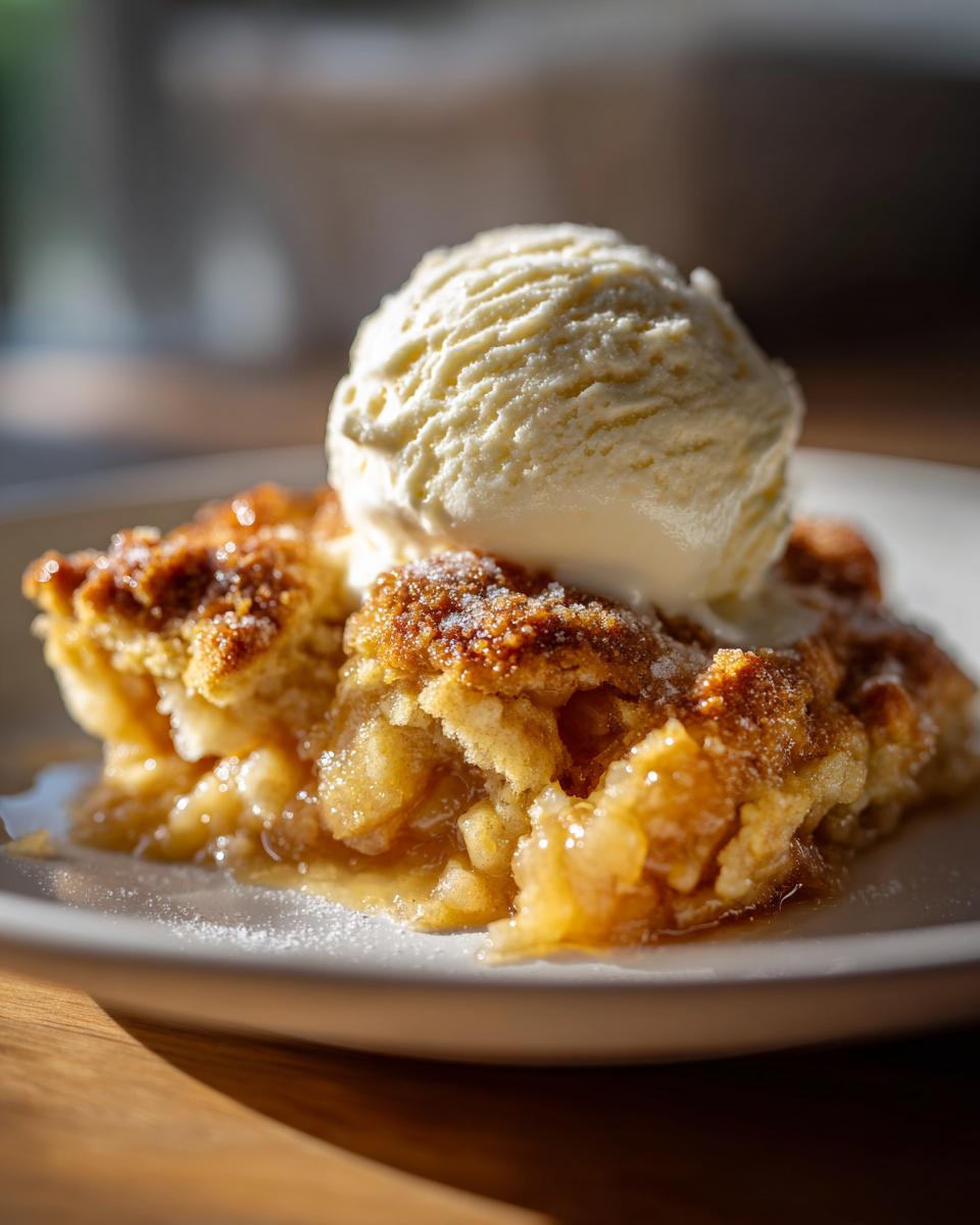 A warm slice of apple cobbler recipe topped with a scoop of melting vanilla ice cream, dusted with sugar.