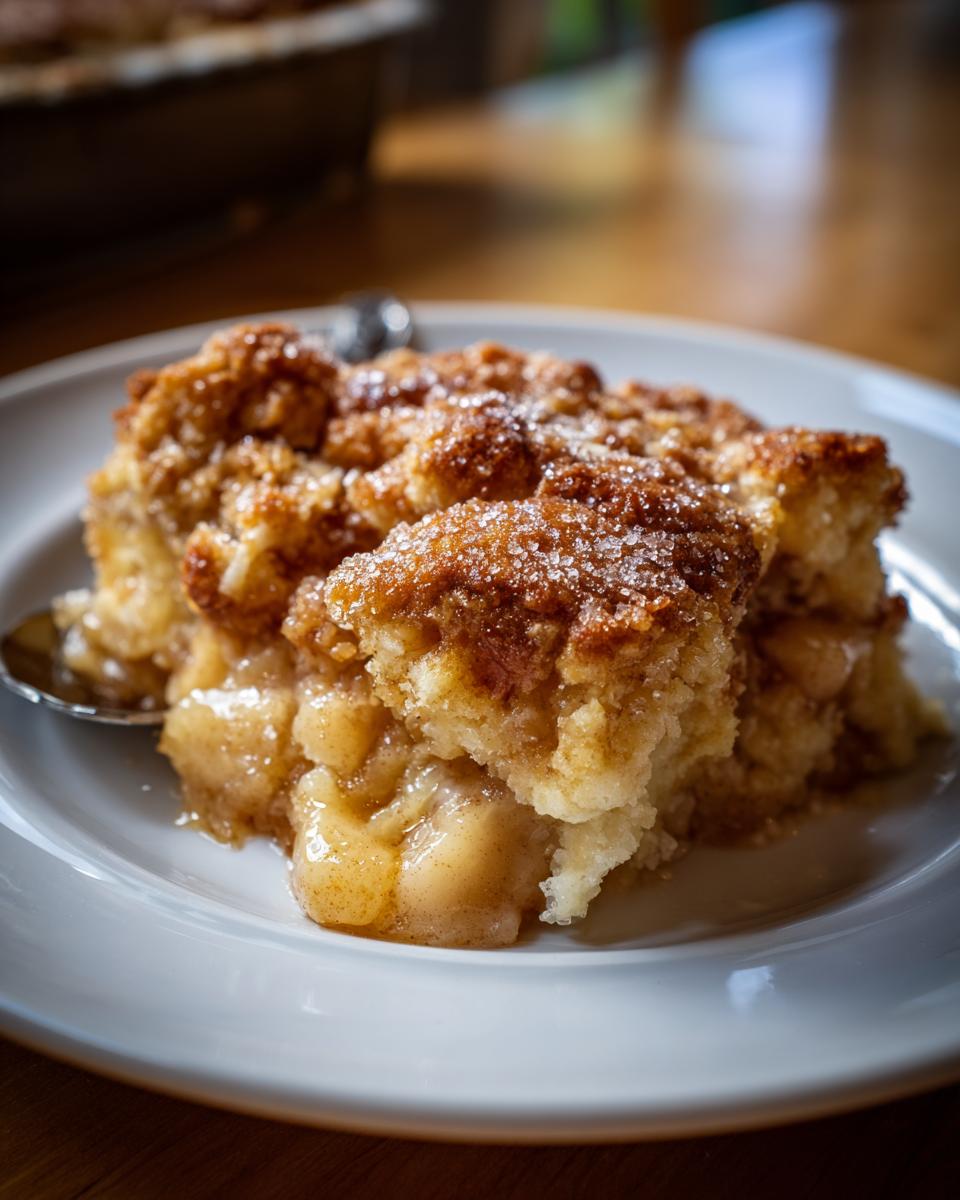 A close-up of a warm serving of apple cobbler recipe with a sugary, crumbly topping on a white plate.
