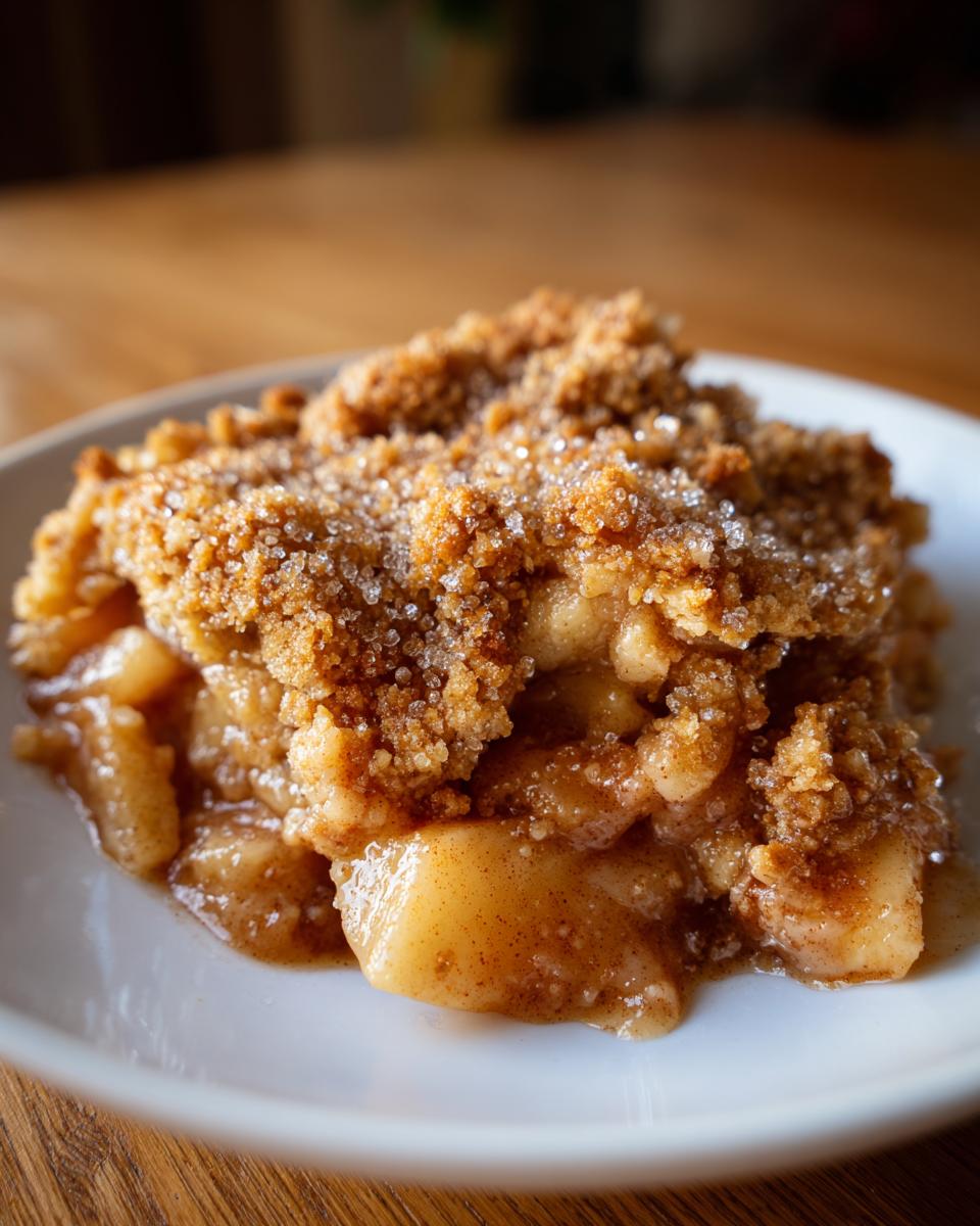Close-up of a warm serving of apple cobbler recipe with a sugary, crumbly topping.