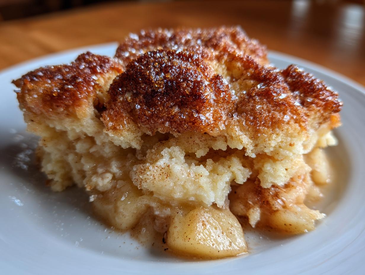 A close-up serving of warm apple cobbler recipe showing tender apples and a sugary, cinnamon-topped crust.