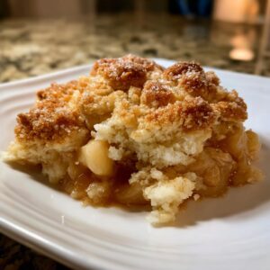 Close-up of a warm slice of apple cobbler recipe with a crumbly, sugared topping and soft, saucy apples.