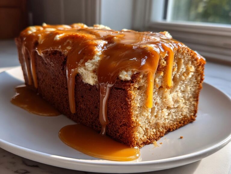 A slice of moist apple dapple cake topped with cream cheese frosting and dripping with rich caramel sauce.