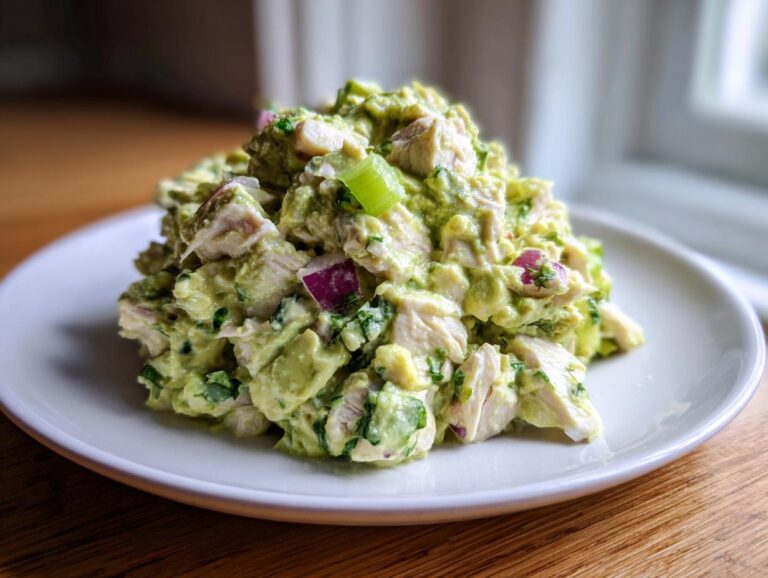 A mound of creamy avocado chicken salad featuring chunks of chicken, red onion, and celery on a white plate.