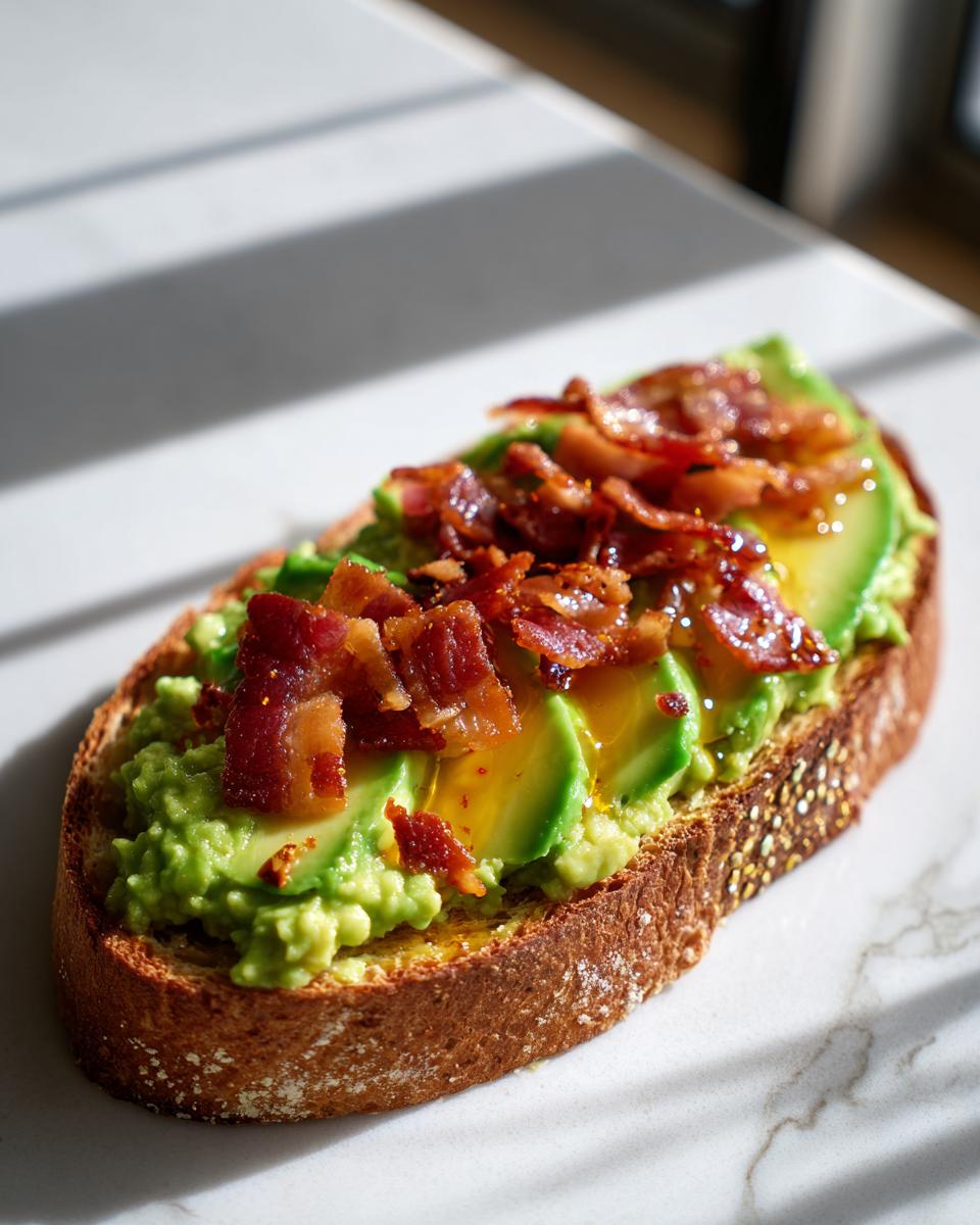 Close-up of delicious avocado toast topped with sliced avocado, mashed avocado, crispy bacon, and a drizzle of honey.