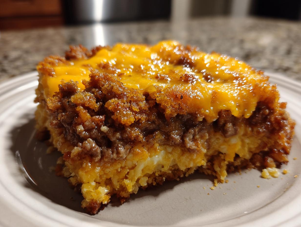 Close-up of a hearty slice of bacon cheeseburger casserole topped with melted cheddar cheese and browned ground meat.