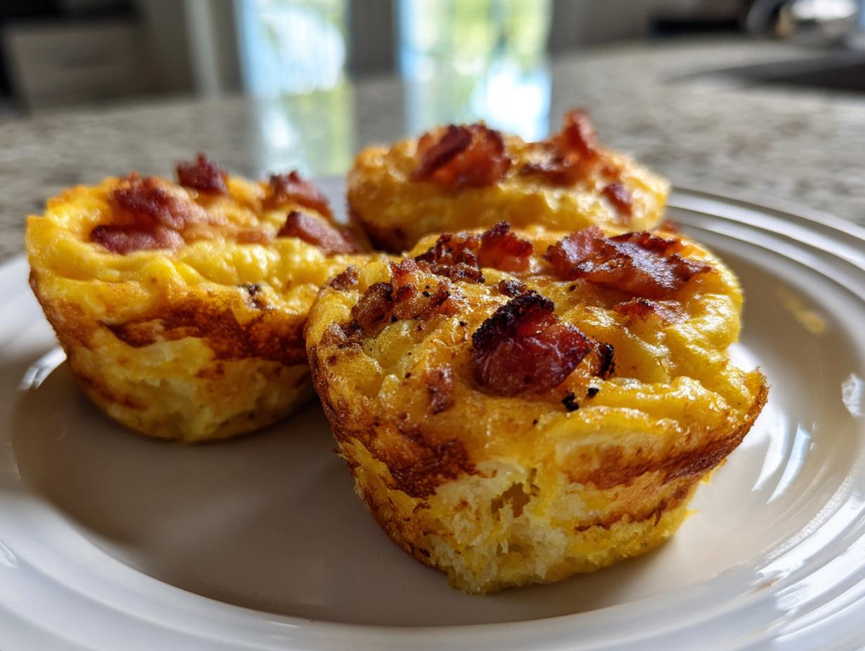Three golden-brown bacon egg bites served on a white plate, showcasing their fluffy texture and crispy bacon topping.
