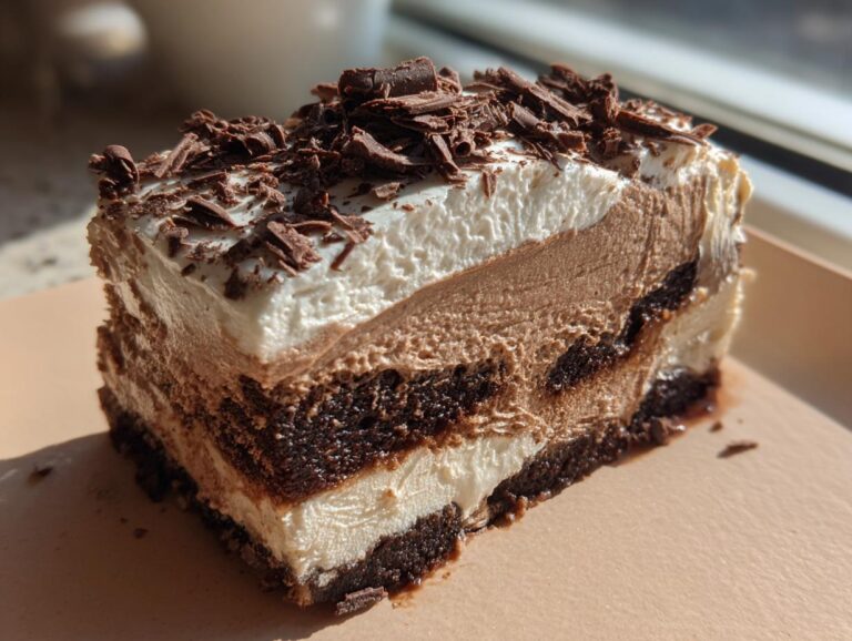 Close-up of a layered slice of Baileys Chocolate Cheesecake Trifle topped with whipped cream and chocolate shavings.