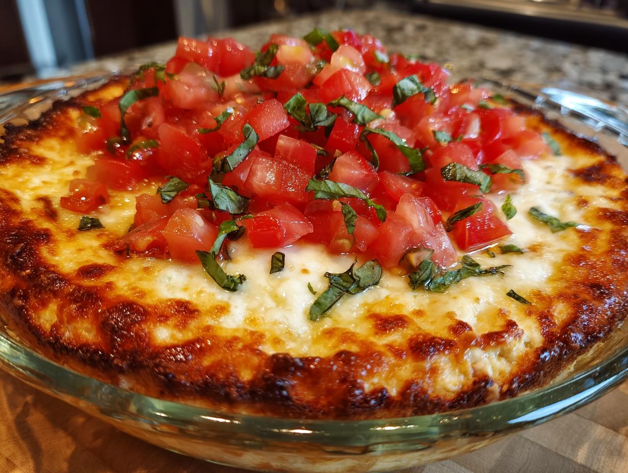 Close-up of a hot, baked bruschetta dip in a glass dish, topped with melted, browned cheese and fresh diced tomatoes with basil.