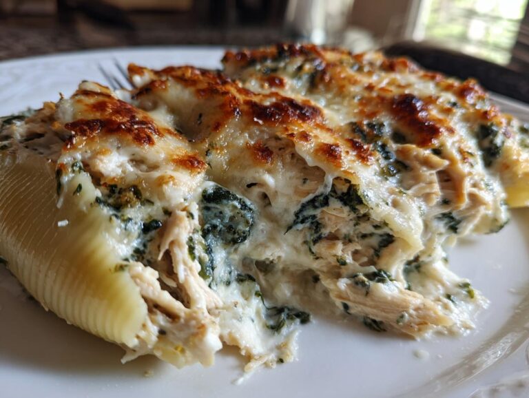 Close-up of baked chicken alfredo stuffed shells overflowing with creamy filling and topped with browned cheese.