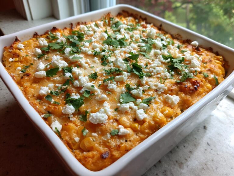 Close-up of a baked mexican street corn dip, topped with crumbled white cheese and fresh cilantro.